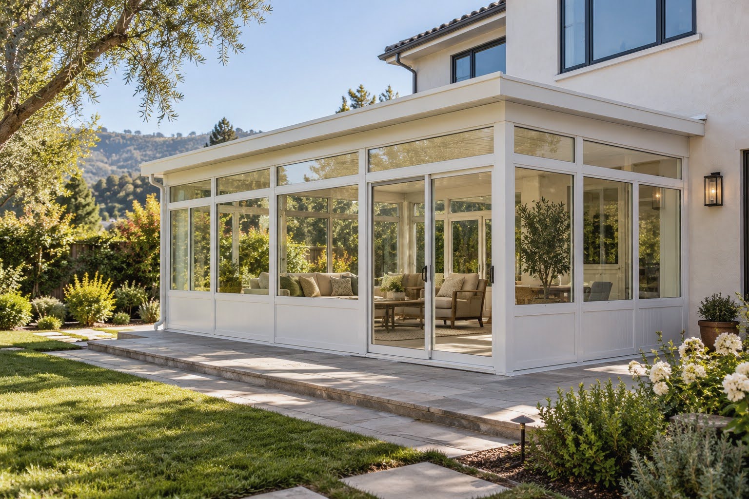 Flat-roof white sunroom with sliding doors opening onto a stone patio