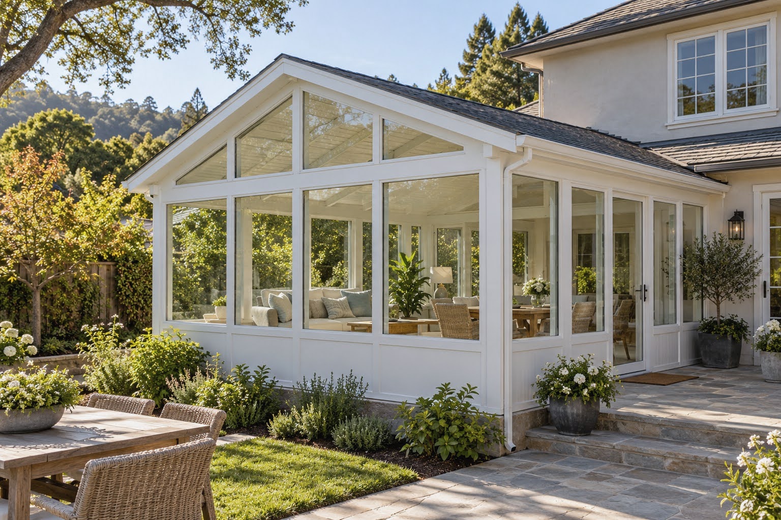 Gabled white sunroom beside a garden patio